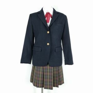 1円 ブレザー チェックスカート リボン 上下4点セット M オリーブデオリーブ 冬物 女子 学生服 中学 高校 紺 制服 中古 ランクB NA6263