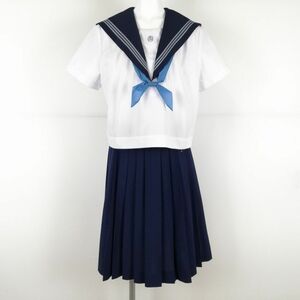 1円 セーラー服 スカート スカーフ 上下3点セット 170A 大きいサイズ 夏物 グレー3本線 女子 学生服 高知岡豊高校 白 中古 ランクC NA6313