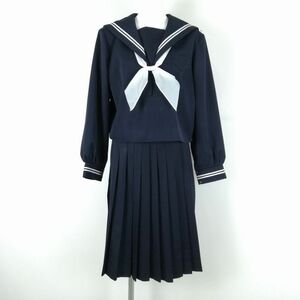 1円 セーラー服 スカート スカーフ 上下3点セット 冬物 白2本線 女子 学生服 中学 高校 紺 制服 中古 ランクC NA6395