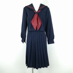 1円 セーラー服 スカート スカーフ 上下3点セット 冬物 赤3本線 女子 学生服 中学 高校 紺 制服 中古 ランクC NA6318