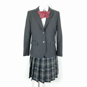 1円 ブレザー チェックスカート リボン 上下4点セット M 冬物 女子 学生服 神奈川厚木東高校 グレー 制服 中古 ランクC NA6258