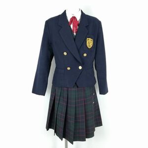 1円 ブレザー ベスト チェックスカート リボン 上下5点セット 冬物 女子 学生服 東京鶴川高校 紺 YUKIKO HANAI 制服 中古 ランクC NA6360