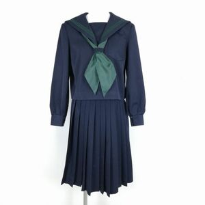 1円 セーラー服 スカート スカーフ 上下3点セット 冬物 緑3本線 女子 学生服 中学 高校 紺 制服 中古 ランクC NA6676