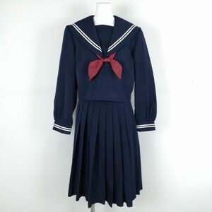 1円 セーラー服 スカート スカーフ 上下3点セット 165A ELLE 冬物 白2本線 女子 学生服 中学 高校 紺 制服 中古 ランクC NA6498