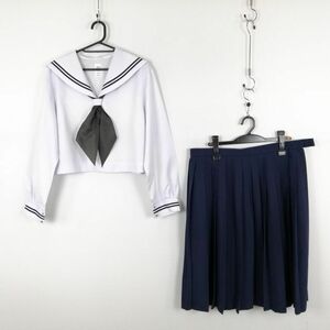 1 jpy sailor suit skirt scarf top and bottom 3 point set large size extra-large can ko- interim clothes blue 2 ps line Hiroshima tail road higashi high school white used rank C NA6486