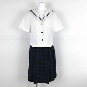 1円 セーラー服 チェックスカート 上下2点セット 夏物 青2本線 女子 学生服 長野伊那西高校 白 制服 中古 ランクB NA6652