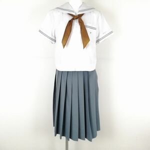 1円 セーラー服 スカート スカーフ 上下3点セット 夏物 グレー2本線 女子 学生服 中学 高校 白 制服 中古 ランクC NA6727