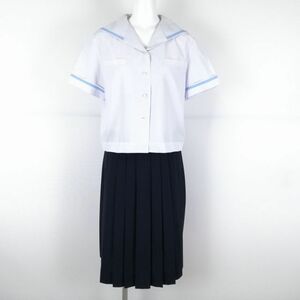 1円 セーラー服 スカート 上下2点セット 大きいサイズ 夏物 水色1本線 女子 学生服 中学 高校 白 制服 中古 ランクC NA6783