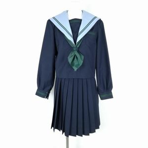 1 jpy sailor suit skirt top and bottom 3 point set large size dragonfly winter thing green 2 ps line woman Osaka Settsu city . second middle . navy blue uniform used rank C NA6821