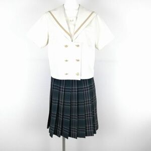 1 jpy sailor suit check skirt top and bottom 2 point set summer thing beige 1 pcs line woman school uniform Kagoshima south high school off white uniform used rank C NA6818