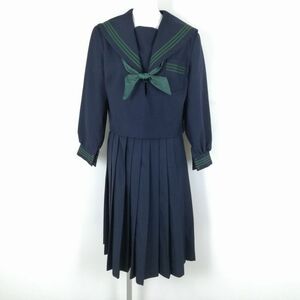 1円 セーラー服 スカート スカーフ 上下3点セット 冬物 緑3本線 女子 学生服 中学 高校 紺 制服 中古 ランクB NA7145