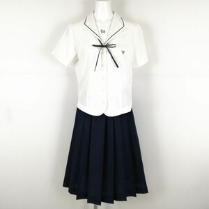 1円 セーラー服 スカート 紐タイ 上下3点セット オリーブデオリーブ 夏物 黒1本線 女子 学生服 兵庫日ノ本学園高校 白 中古 ランクC NA7132