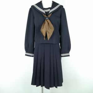 1円 セーラー服 スカート スカーフ 上下3点セット 大きいサイズ 冬物 白3本線 女子 学生服 中学 高校 紺 制服 中古 ランクC NA7247