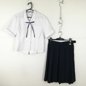 1円 ブラウス スカート 紐タイ 上下3点セット L 大きいサイズ 夏物 女子 学生服 宮崎日章学園高校 白 制服 中古 ランク:C NA2947