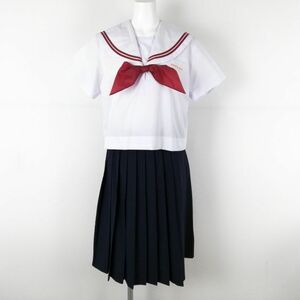 1円 セーラー服 スカート スカーフ 上下3点セット 夏物 赤2本線 女子 学生服 沖縄具志頭中学 白 制服 中古 ランクC NA7280