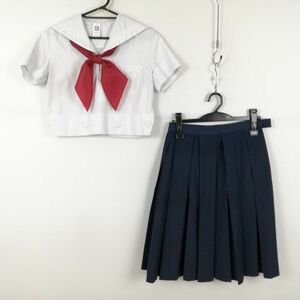 1円 セーラー服 スカート スカーフ 上下3点セット 夏物 白3本線 女子 学生服 中学 高校 白 制服 中古 ランク:C EY7773