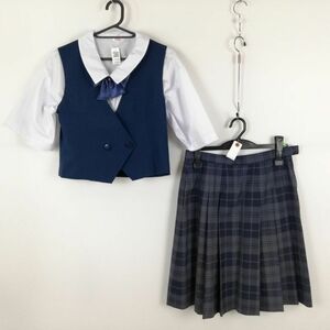 1円 ベスト チェックスカート リボン 上下4点セット 夏物 女子 学生服 中学 高校 花紺 制服 中古 ランク:C EY7639