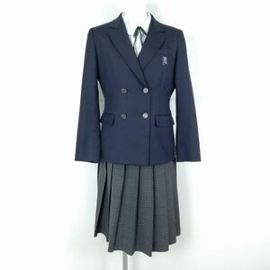 1円 ブレザー チェックスカート 紐タイ 上下4点セット M 富士ヨット 冬物 女子 学生服 中学 高校 紺 制服 中古 ランクB NA7697