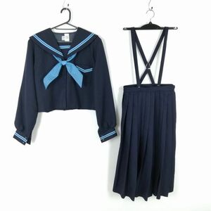 1 jpy sailor suit skirt top and bottom 3 point set large size Fuji yacht winter thing light blue 2 ps line woman school uniform deer shop higashi middle . navy blue used rank C NA7334