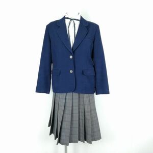 1円 ブレザー チェックスカート 紐タイ 上下4点セット 冬物 女子 学生服 愛知御津高校 花紺 制服 中古 ランクC NA7209