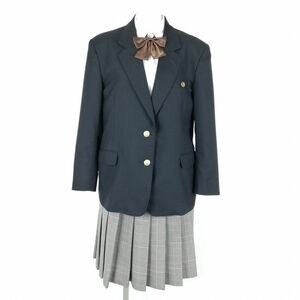 1円 ブレザー チェックスカート リボン 上下4点セット 冬物 女子 学生服 中学 高校 紺 制服 中古 ランクC NA2524