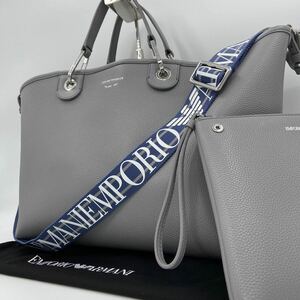 美品/大容量 ●EMPORIO ARMANI エンポリオアルマーニ トートバッグ 斜め掛け レザー 2way A4 メンズ ビジネス ショルダー ポーチ付き 灰色