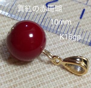 真紅の赤珊瑚　10mm　ペンダントトップ　☆深みの紅色　大人可愛い　K16gp　バチカン変更可　※真紅12mmもあります。