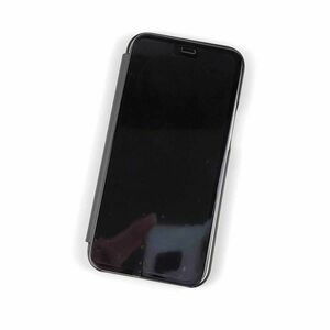 iPhone 15 Plus用 鏡面 手帳型ミラーフリップケース カバー 半透明 ブラック
