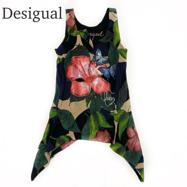 Desigual デシグアル トロピカルフラワープリントタンクトップ Mサイズ ノースリーブ トップス ブラック