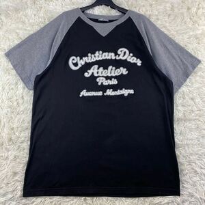 22SS◎ChristianDIOR ディオール Atelier アトリエ刺繍 ラグランTシャツ カットソー ロゴ 現行 近年 XL バイカラー　黒 ブラック グレー　