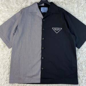 22SS PRADA Prada present close year open color shirt . collar triangle Logo stripe M cotton cotton do King black black short sleeves 