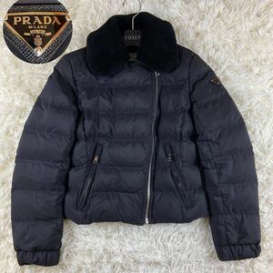 極美品◎PRADA プラダ　ライダースダウンジャケット　シープスキンファー　三角プレート　ロゴ　黒　ブラック　レディース　近年タグ　38 M