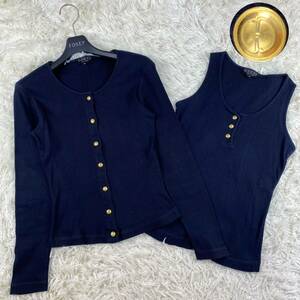  rare *GUCCI Gucci cardigan ensemble knitted navy navy blue color gold button Gold M cotton cotton lip knitted flexible stretch 