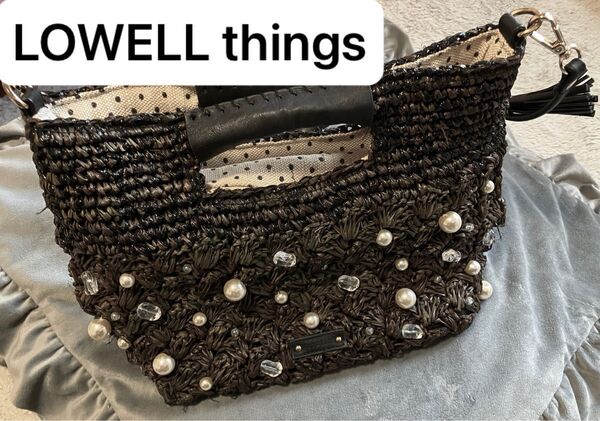 【LOWELL things】ラフィアショルダー かごバッグ ビジュー