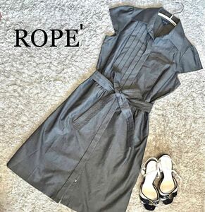 【美品】ROPE ロペ ワンピース タックワンピース ウエストリボン グレー M 春夏 清楚系