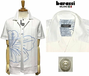 barassi バラシ　清涼 綿麻　フラワー刺しゅう　半袖 開襟シャツ　白　size48　L