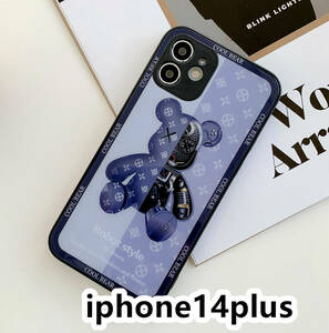 iphone14plusケース カーバー TPU 可愛い　熊　ガラス　お洒落　軽量 ケース 耐衝撃高品質ブルー126