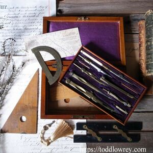 [.. therefore. full o-ke -stroke la...] England antique Victoria era drafting set tree box key attaching *Antique Drawing Instrument Set