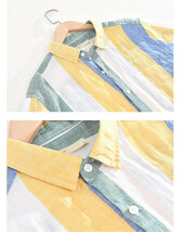 半袖シャツ リネンシャツ 新品 メンズ 麻シャツ ストライプ柄 夏 サマー清涼感亜麻 海シャツ 心地良し【M1709】黄色系　XL_画像2