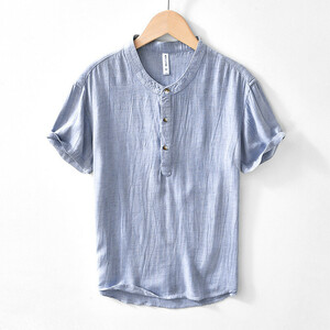 半袖シャツ　夏涼しい　リネンシャツ　麻混ん　カジュアルシャツ　サマーシャツ　トップス　海シャツ【L1436】ブルー　XL
