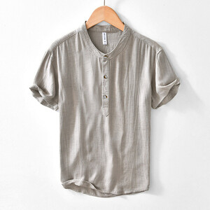 半袖シャツ　夏涼しい　リネンシャツ　麻混ん　カジュアルシャツ　サマーシャツ　トップス　海シャツ【L1436】カーキ　XL