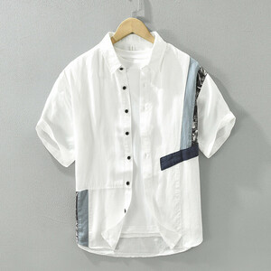 半袖シャツ　夏涼しい　リネンシャツ　リネンブレンド　カジュアルシャツ　サマーシャツ　トップス　海シャツ【M8082】白　2XL