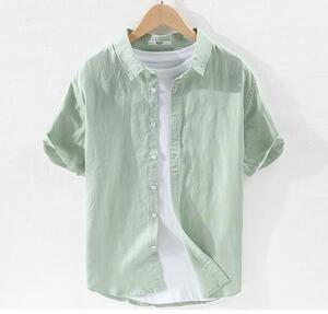 半袖シャツ 新品 メンズ ワイシャツ リネンシャツ 亜麻100% 夏 サマー 清涼感 心地良し 麻シャツ 無地 カジュアル 六色選択 緑 XL