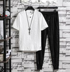 ジャージ メンズ 半袖Tシャツ ロングパンツ 上下セット チノパン トレーナー 刺繍 シンプル 個性 トレーニング 薄手 夏 白 サイズ選択可
