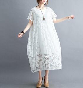 新入荷*大人可愛い ワンピース レース 透かし彫り ロングワンピース 二次会 レディース 大きいサイズ ゆったり 体型カバー*ホワイト