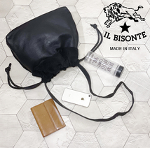 ◆希少！イタリア製 イルビゾンテ【IL BISONTE】スエード切替え 牛革 巾着タイプ ドローストリングバッグ/クロスボディバッグ 黒◆_画像1