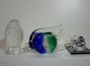 ガラス製品　飾り物　フクロウ、小鳥、魚　3セット