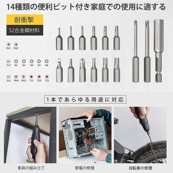 ビット14本付き 超軽量充電式小型ドライバー