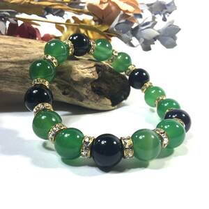  green ..& onyx Power Stone bracele natural stone breath ( Gold ) 12mm.. better fortune men's man 0