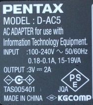 送料無料 PENTAX ペンタックス 純正 ACアダプター D-AC5 センタープラス 3V 2A EIAJ1 2.35mm 0.7mm / SONY AC-E30A AC-ES3010K2 代替 流用_画像3